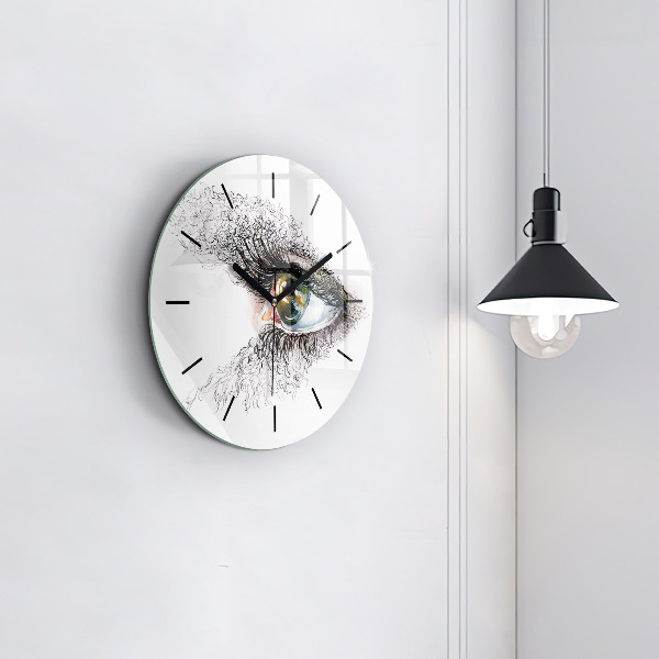 Round glass wall clock Drawing of a human eye