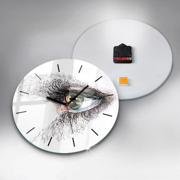 Round glass wall clock Drawing of a human eye