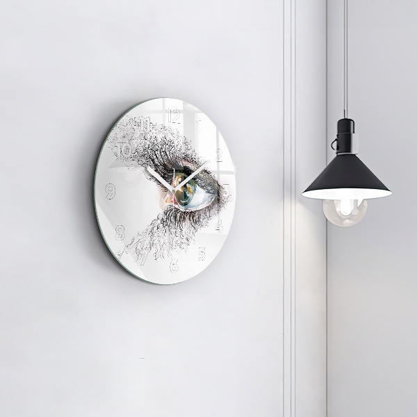 Round glass wall clock Drawing of a human eye
