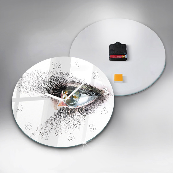 Round glass wall clock Drawing of a human eye