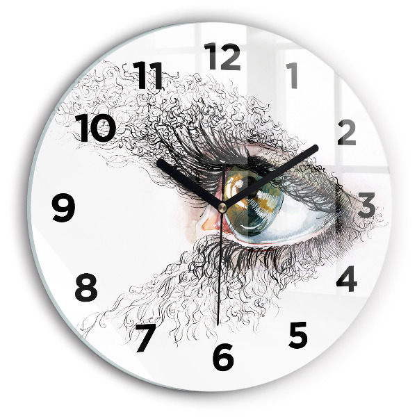 Round glass wall clock Drawing of a human eye