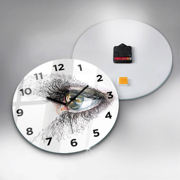 Round glass wall clock Drawing of a human eye