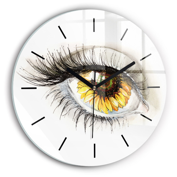 Round glass wall clock Sunflower flower in the eye