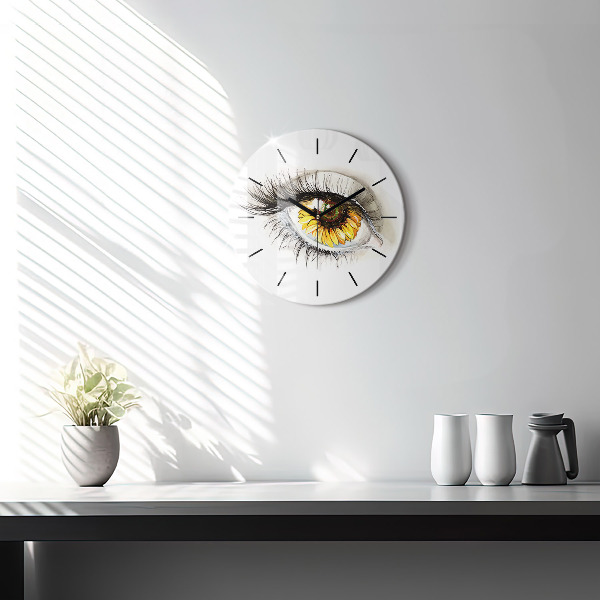 Round glass wall clock Sunflower flower in the eye