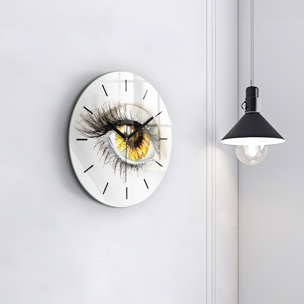 Round glass wall clock Sunflower flower in the eye