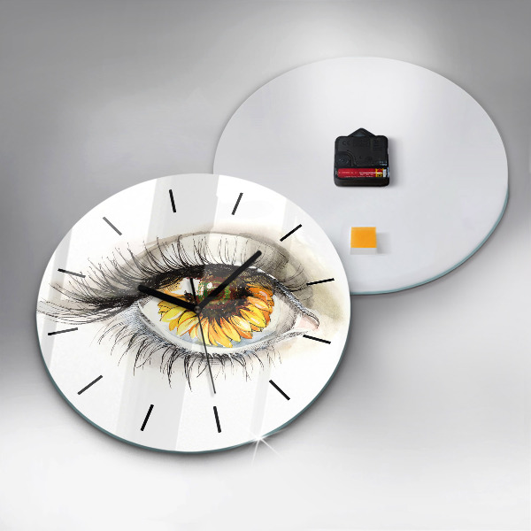 Round glass wall clock Sunflower flower in the eye