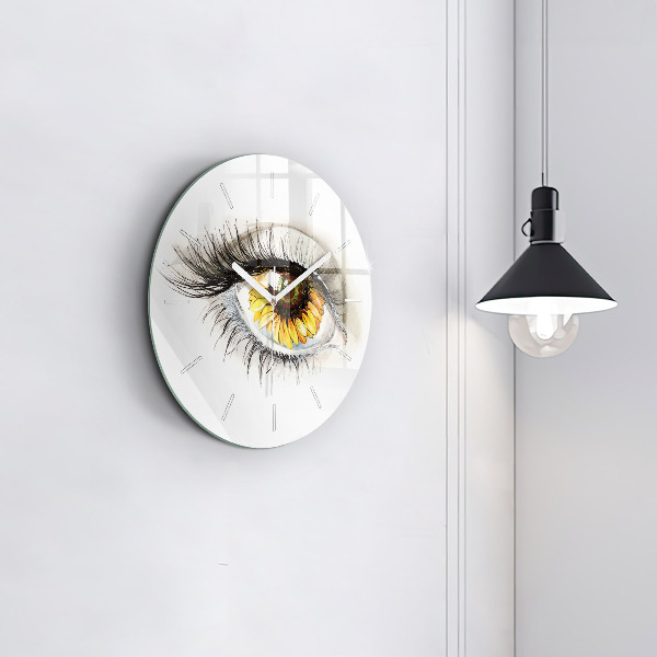 Round glass wall clock Sunflower flower in the eye