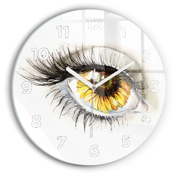 Round glass wall clock Sunflower flower in the eye