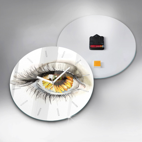 Round glass wall clock Sunflower flower in the eye
