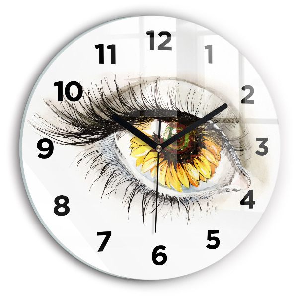 Round glass wall clock Sunflower flower in the eye