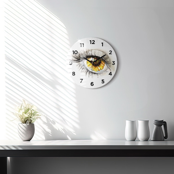 Round glass wall clock Sunflower flower in the eye