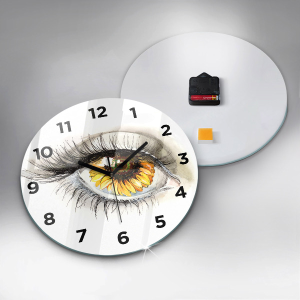 Round glass wall clock Sunflower flower in the eye
