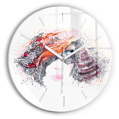 Round glass wall clock Sweet woman with cake