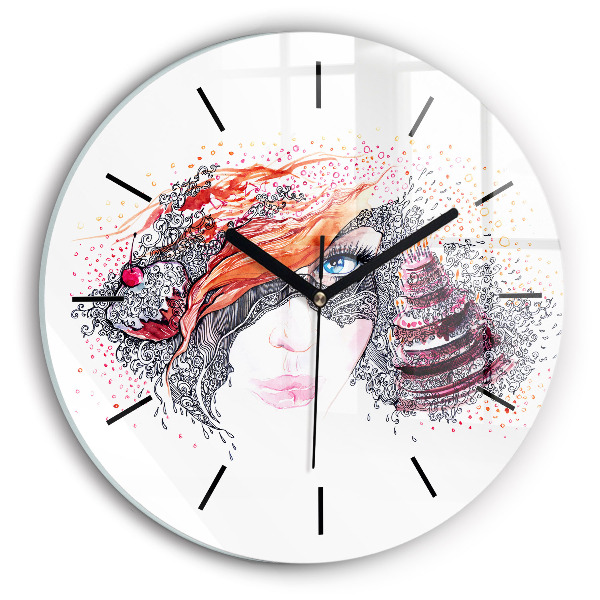 Round glass wall clock Sweet woman with cake