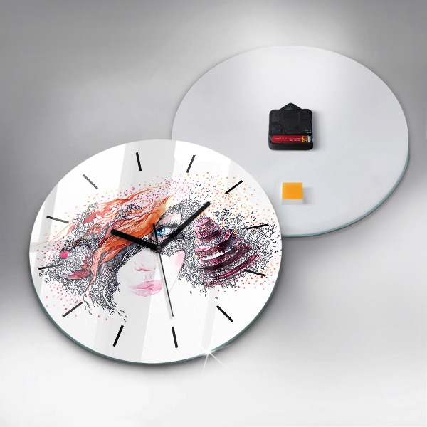 Round glass wall clock Sweet woman with cake