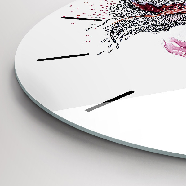 Round glass wall clock Sweet woman with cake