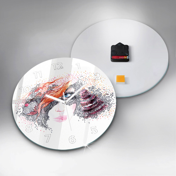 Round glass wall clock Sweet woman with cake