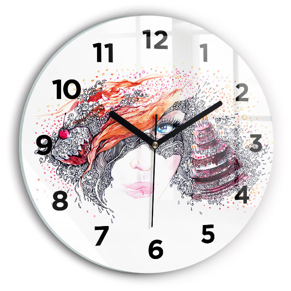 Round glass wall clock Sweet woman with cake
