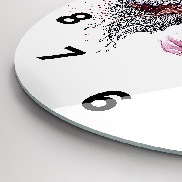 Round glass wall clock Sweet woman with cake