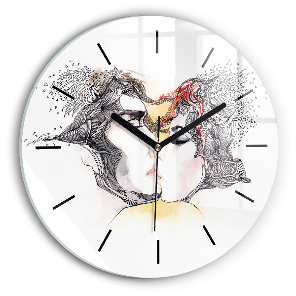 Round glass wall clock Love kiss drawing