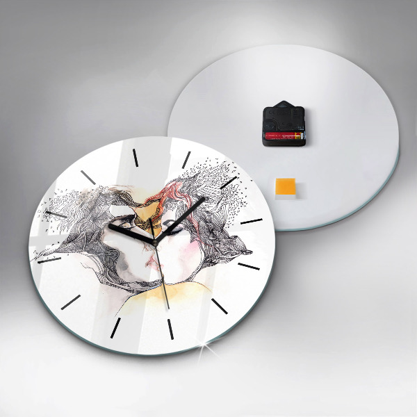 Round glass wall clock Love kiss drawing