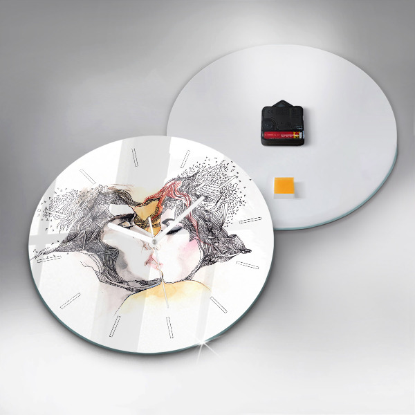 Round glass wall clock Love kiss drawing