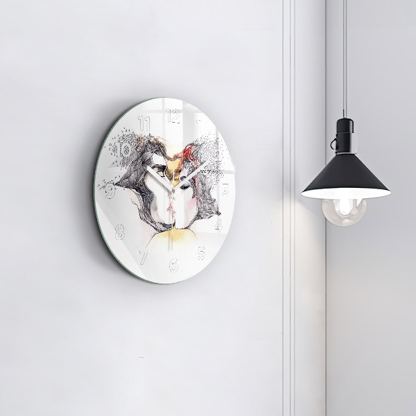 Round glass wall clock Love kiss drawing