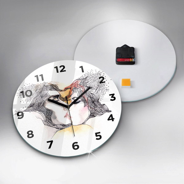 Round glass wall clock Love kiss drawing
