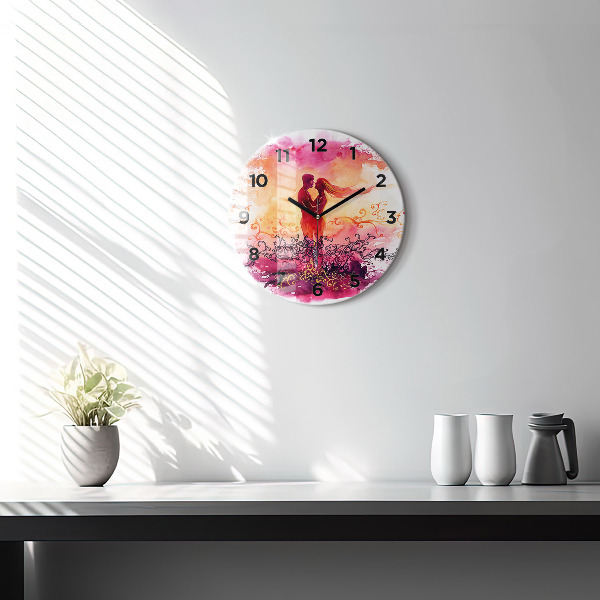 Round glass wall clock Watercolor couple in love