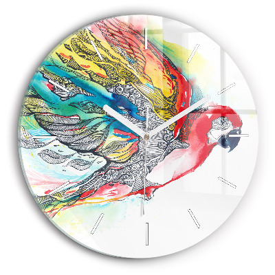 Round glass wall clock Colorful Parrot in Flight