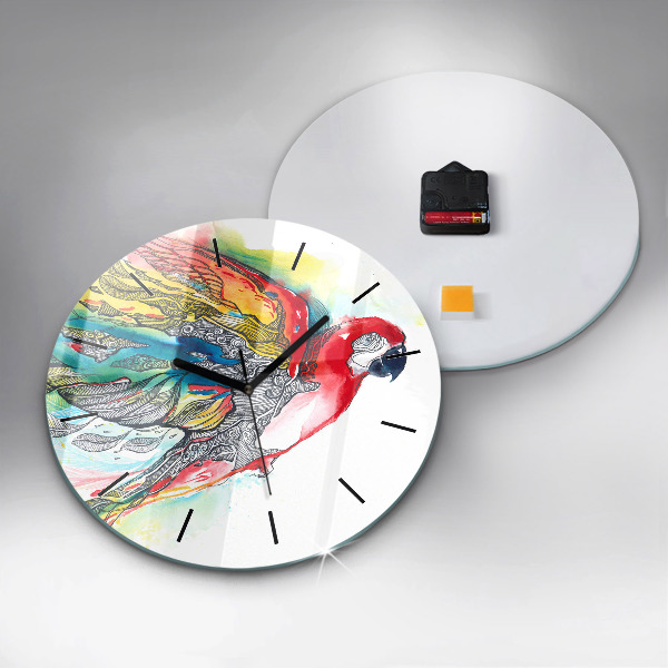 Round glass wall clock Colorful Parrot in Flight