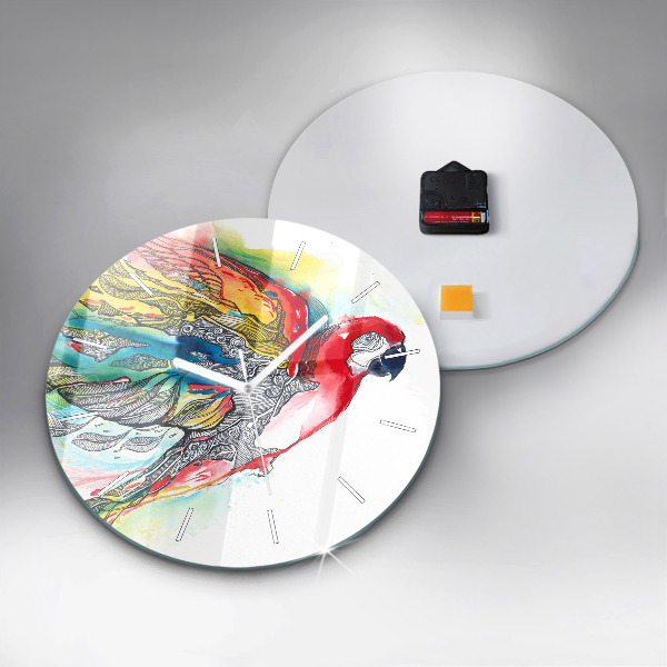 Round glass wall clock Colorful Parrot in Flight
