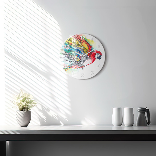 Round glass wall clock Colorful Parrot in Flight