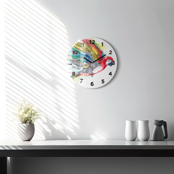 Round glass wall clock Colorful Parrot in Flight