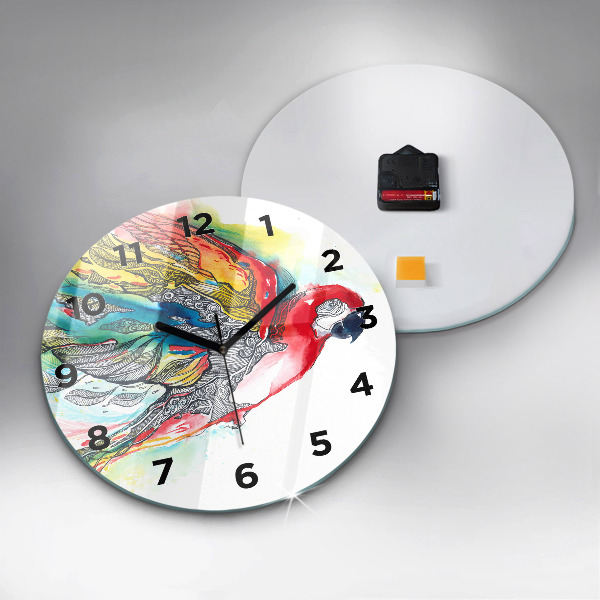 Round glass wall clock Colorful Parrot in Flight