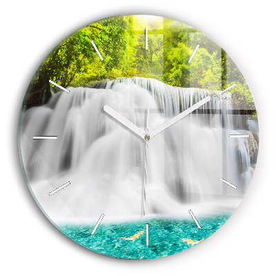 Round glass wall clock Waterfall in Thailand