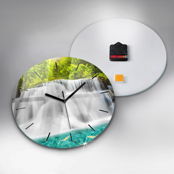 Round glass wall clock Waterfall in Thailand