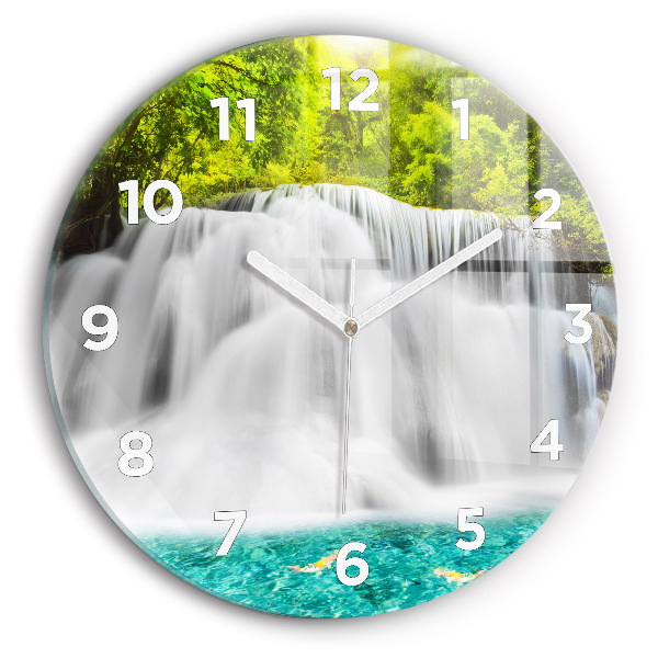 Round glass wall clock Waterfall in Thailand