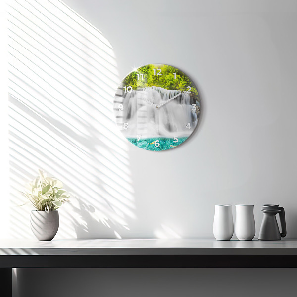Round glass wall clock Waterfall in Thailand