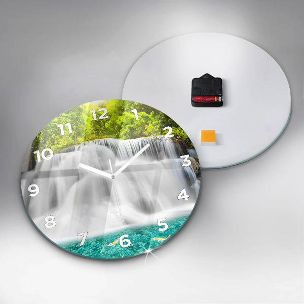 Round glass wall clock Waterfall in Thailand