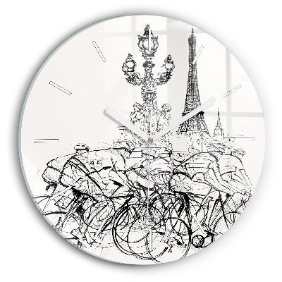 Round glass wall clock Cycling race drawing