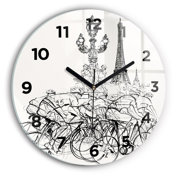 Round glass wall clock Cycling race drawing
