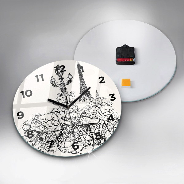 Round glass wall clock Cycling race drawing
