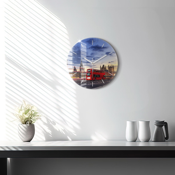 Round glass wall clock Red London Bus