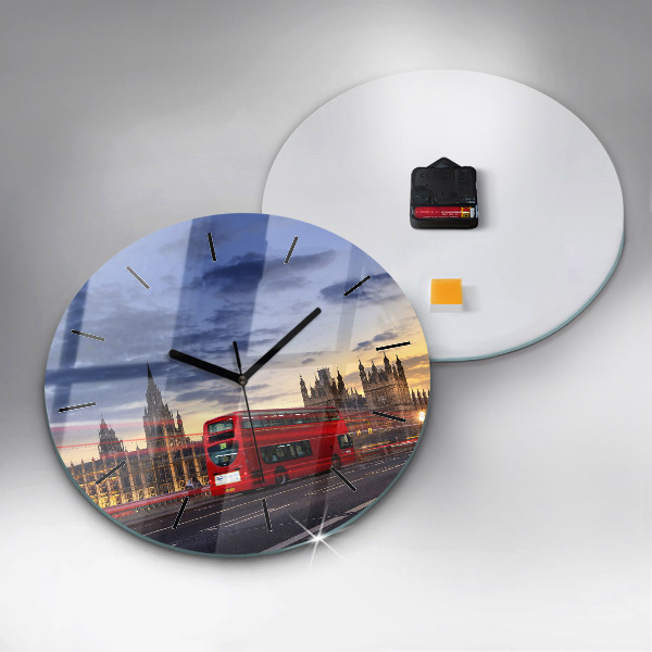 Round glass wall clock Red London Bus