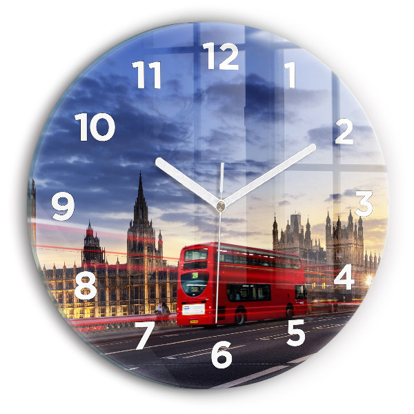 Round glass wall clock Red London Bus