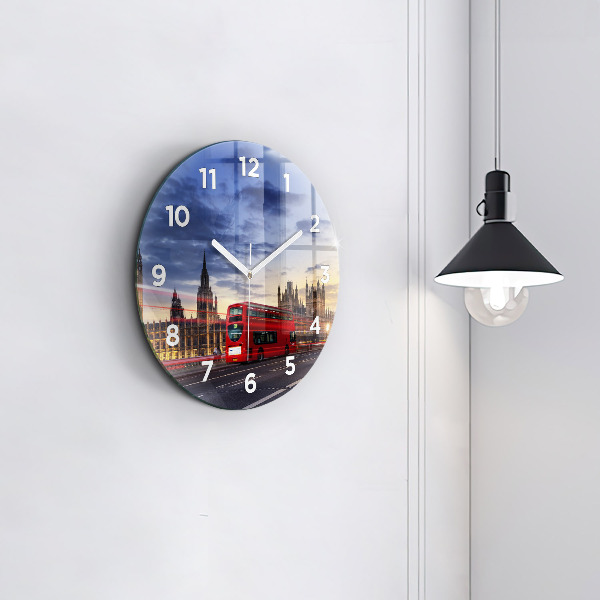Round glass wall clock Red London Bus