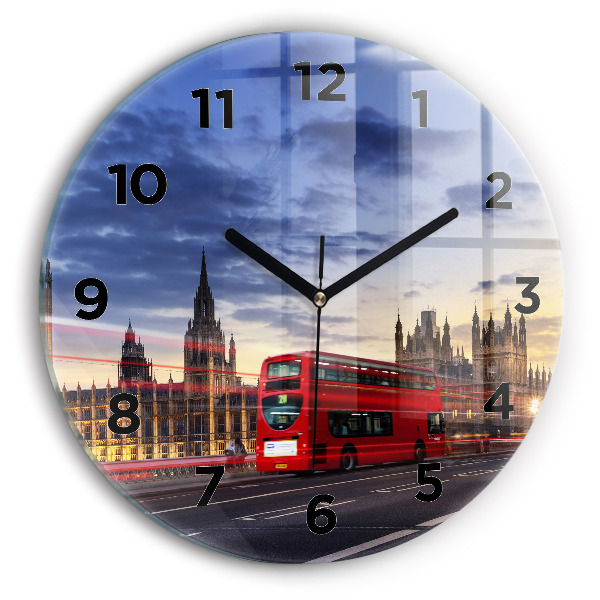 Round glass wall clock Red London Bus