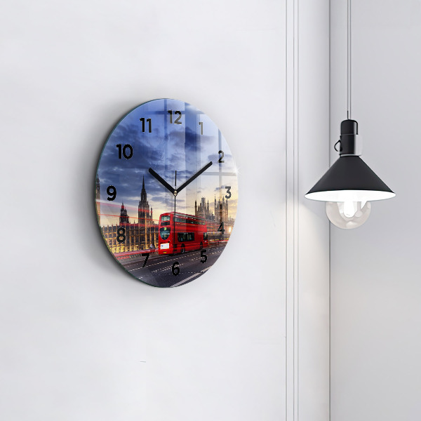 Round glass wall clock Red London Bus