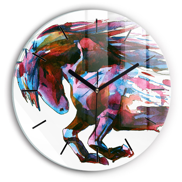 Round glass wall clock A horse on the run